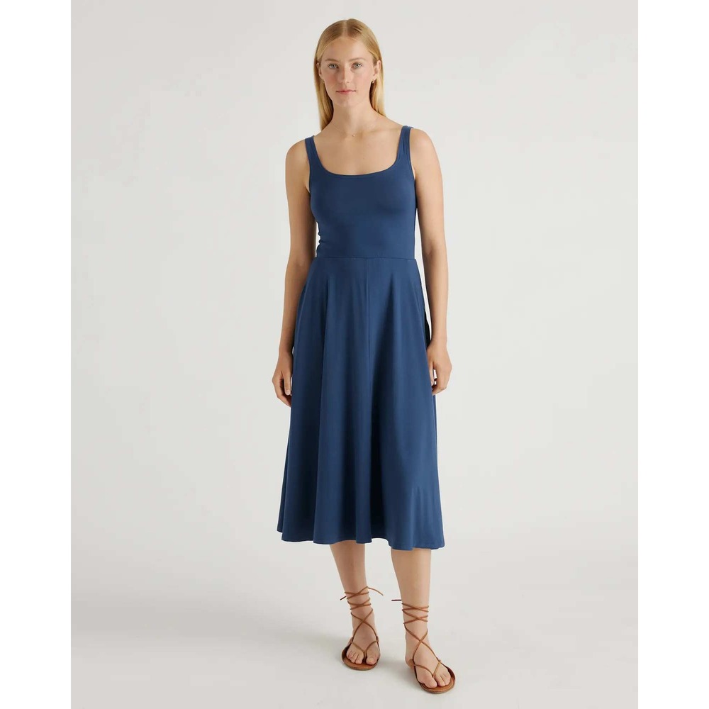Quince Tencel Fit and Flare Midi Dress Navy Blue Vintage Wash Sleeveless Large